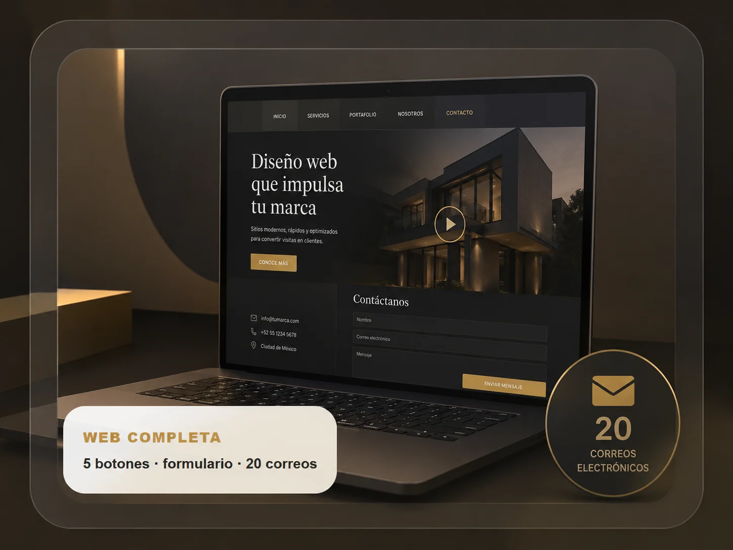 Pagina Web completa con maximo 5 botones y Formulario de Contacto y 20 cuentas de Correo Electronico